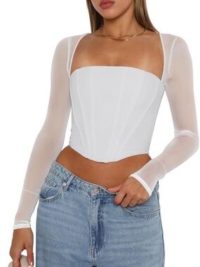 White Sheer Long Sleeve Corset Top